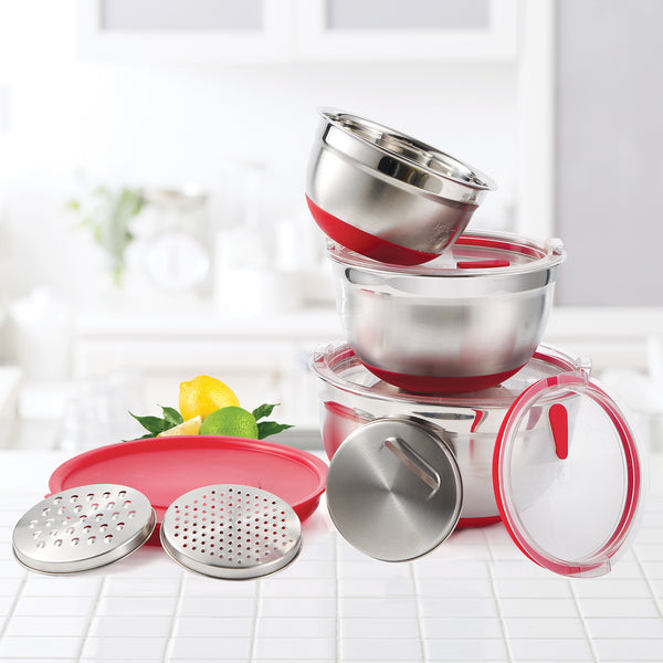 10 PC Covered Stainless Steel and Silicone Mixing Bowl Set with Grating Tools - Persimmon Orange